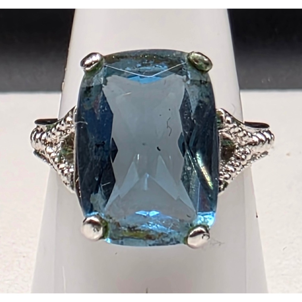 Blue Cushion Cut Statement  Beaded Silver Tone Pinky Ring Size 5 Premier Design